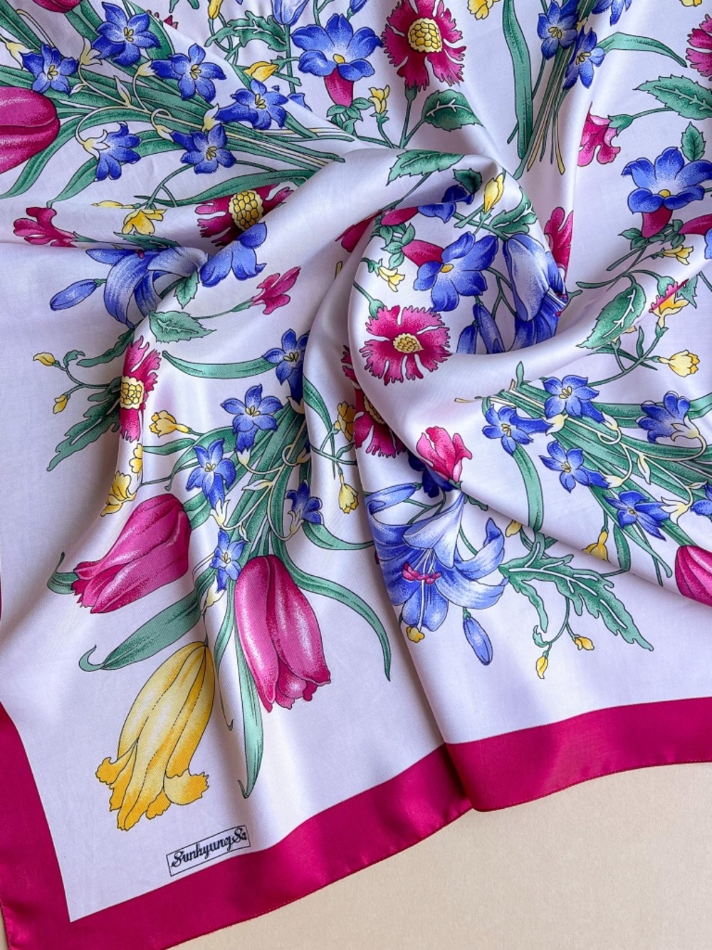 Vintage 1980s Red and Blue Floral Print Silk Scarf